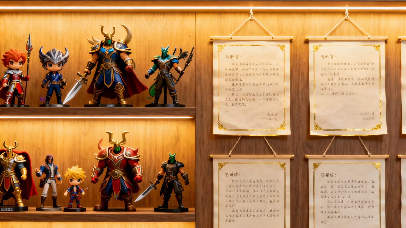 BG大游新加坡办公室文化墙展示游戏角色手办与玩家感谢信