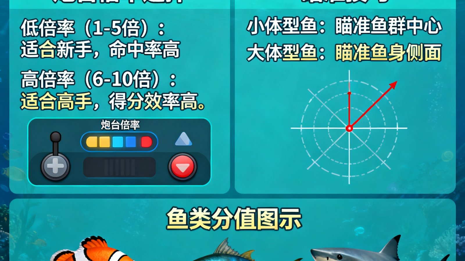 新手教学：捕鱼游戏炮台倍率选择与瞄准技巧，图示不同鱼类分值