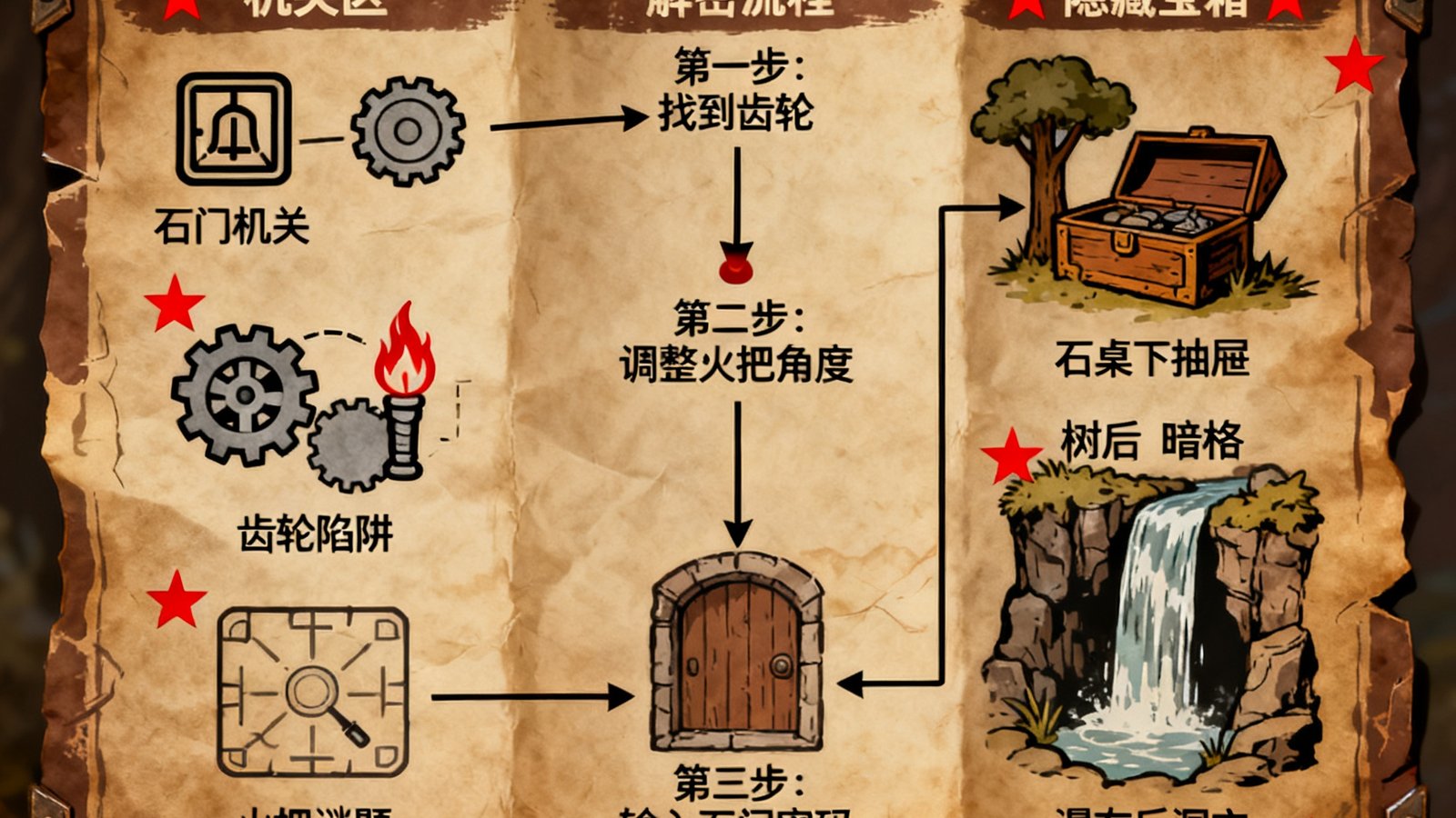 冒险闯关地图机关位置与解密顺序，隐藏宝箱