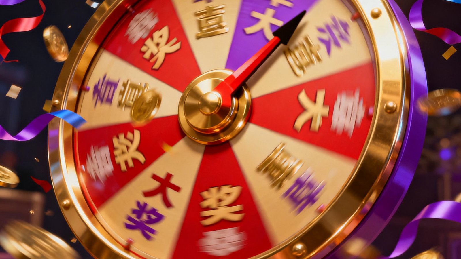 华丽幸运转盘界面，指针指向大奖区域，彩带金币特效