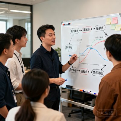 产品经理林涛在白板前讨论用户旅程图